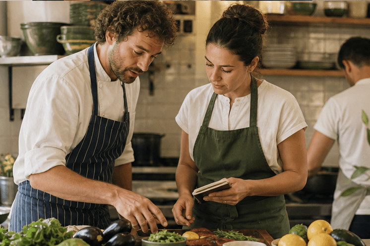 Two kitchen professionals coordinating a preparation with fresh produce